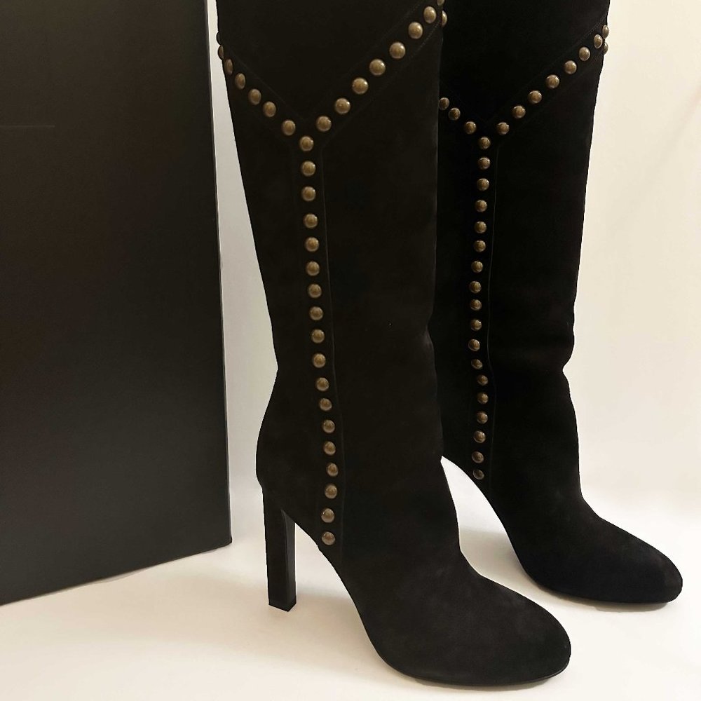 SAINT LAURENT SUEDE STUDDED KNEE-HIGH BOOTS SIZE 6.5 US